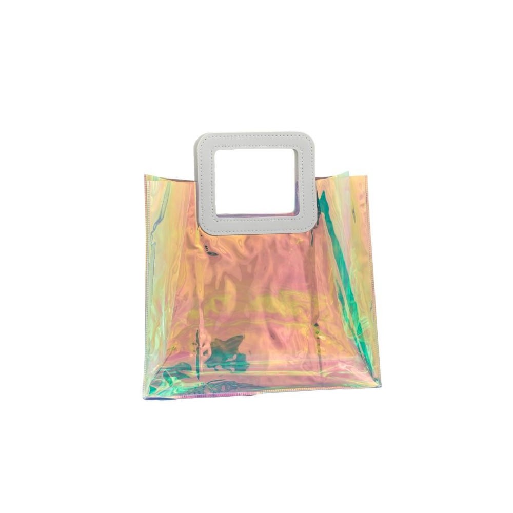 BUSTA PVC IRIDESCENTE CON MANICO DI PELLE H25X28X14